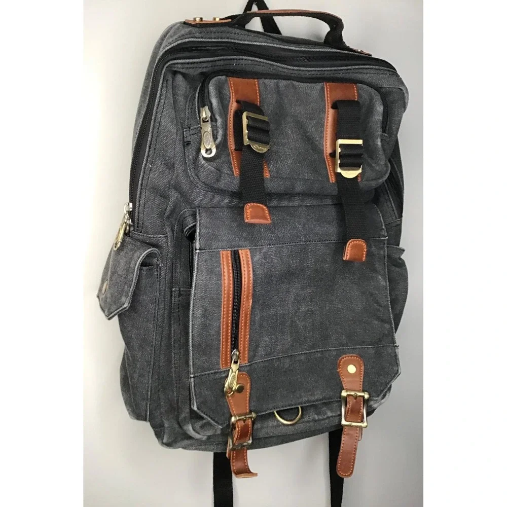 Kaukko Canvas Backpack Rucksack Charcoal Gray Leather Trim Travel Laptop School
